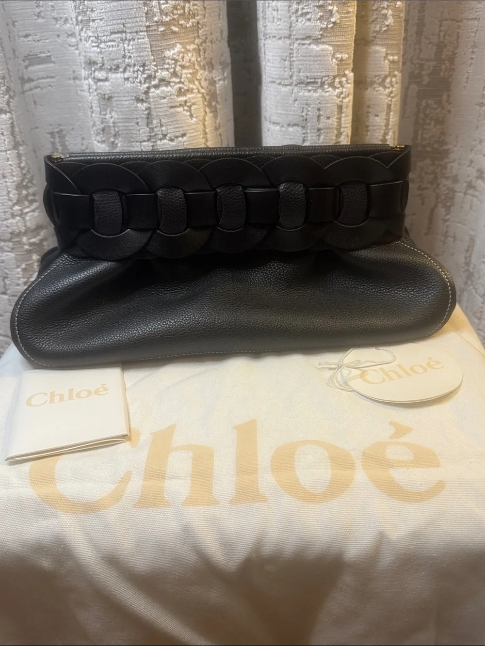 Chloé Black Pebbled Leather Clutch with Gold Disc Accent BRAND NEW with tags